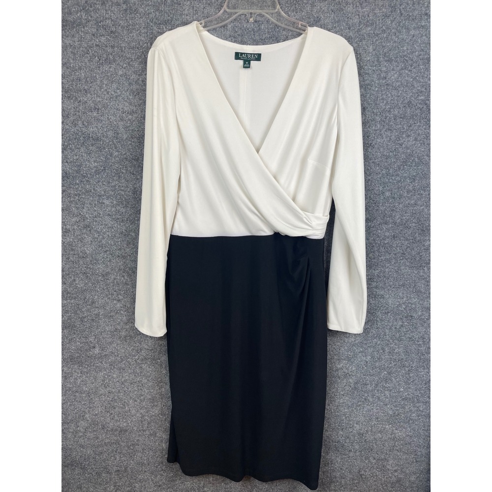 LRL Ralph Lauren Sheath Dress Women's 12 White Black Good Faux Wrap Long Sleeve